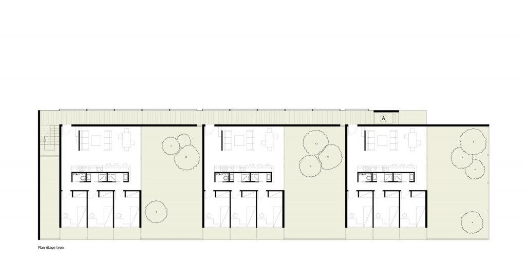 34 chambres étudiantes pour une cité universitaire HQE sur patio : plan des appartements