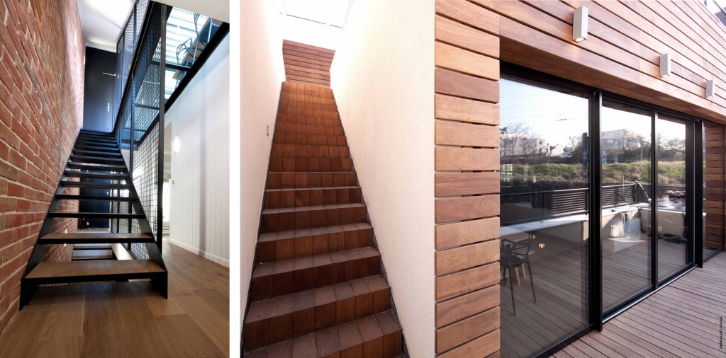 Projet So'House, maison de ville de style industriel à Saint-Ouen : escalier principal et terrasse