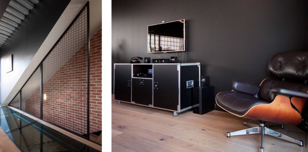 Projet So'House, maison de ville de style industriel à Saint-Ouen : escalier métal, pallier en verre et séjour