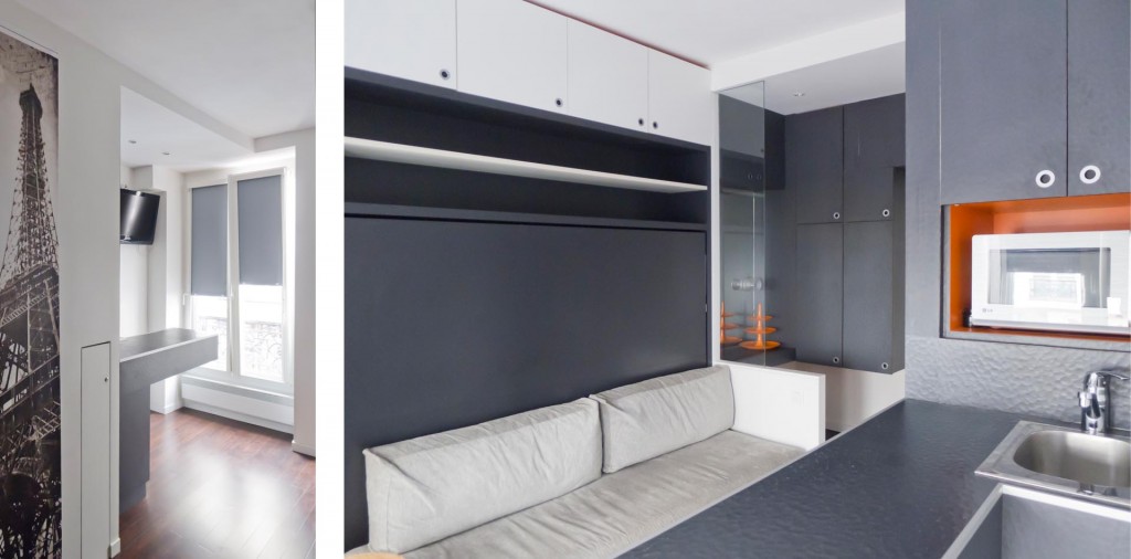 studio de style boutique hotel rue keller à Bastille cuisine et lit escamotable-canapé