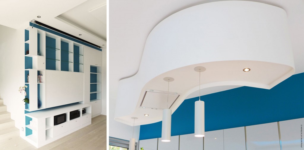 SOF Architectes Maison contemporaine à Montlignon (95) bibliothèque intégrant écran plat sur mesure